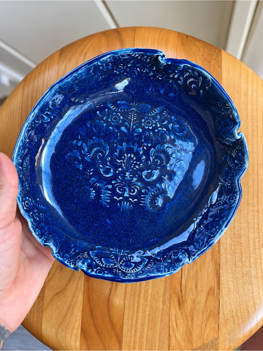 Handmade Studio Pottery Cobalt Blue Floral Bowl Signed Martha Art Pottery